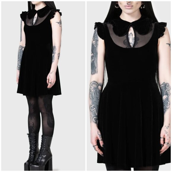 NWT! Kihilist Black Velvet Mesh Collar Mini Dress Blazeorb sz Small - Picture 1 of 15
